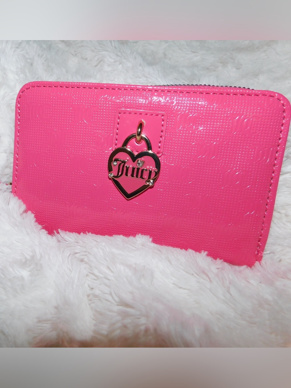 Juicy Couture Bright Pink Patent Zip Around Wallet with Heart Charm